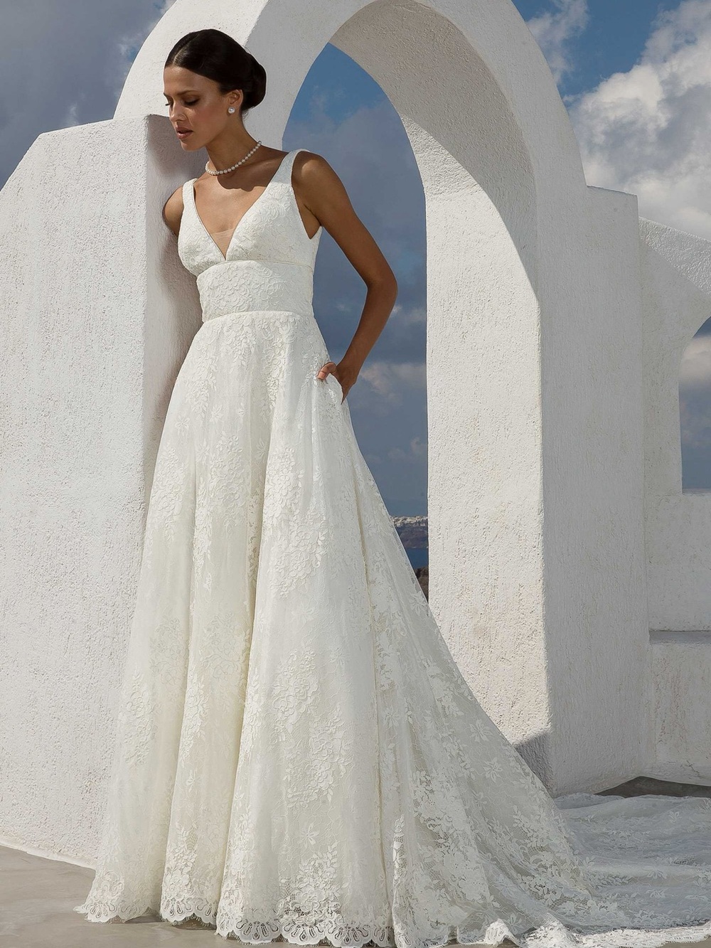 Justin Alexander Lace A-Line Wedding Dress with V-Neck & Pockets